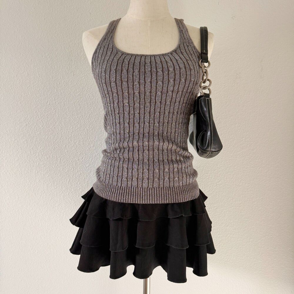 Vintage Y2K Gray Metallic Cable-Knit Tank Top Stretch Preppy Casual 00s Size S
